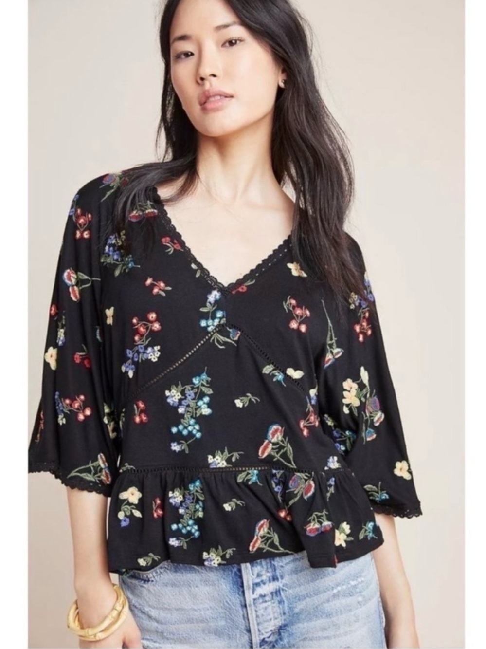 Anthropologie Parvati Embroidered Floral Kimono Sleeve Lace Trim Blouse Size XS